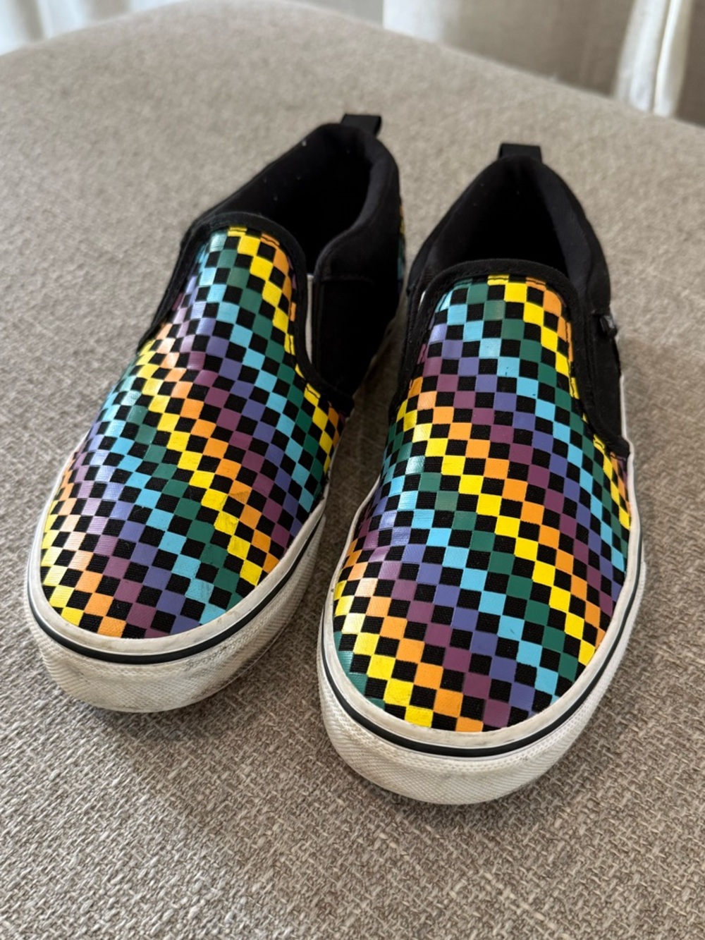 Vans Slip On Shoes Youth 5 Rainbow Checkerboard Black Excellent Pride Sneakers